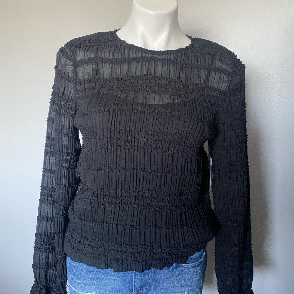 Black Textured Long-Sleeve Women's Top